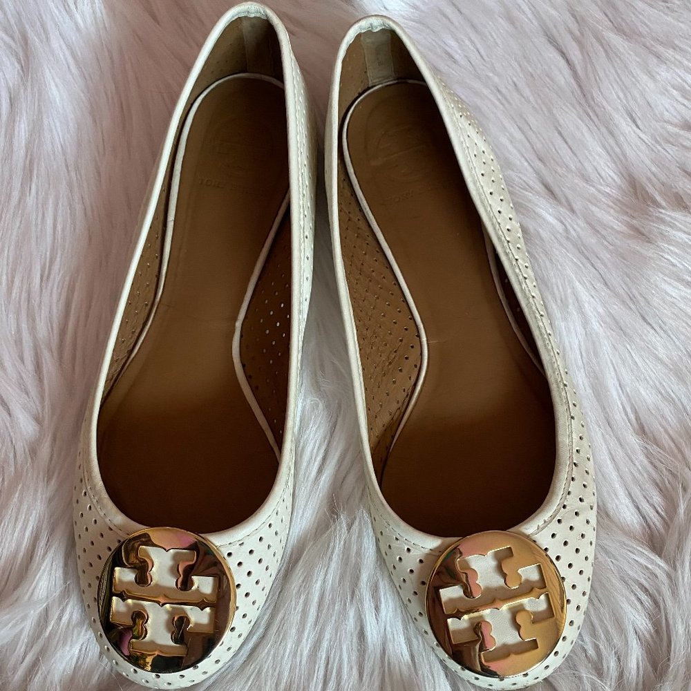 Tory Burch White Reva Perforated Leather Gold Logo Ballet Flats